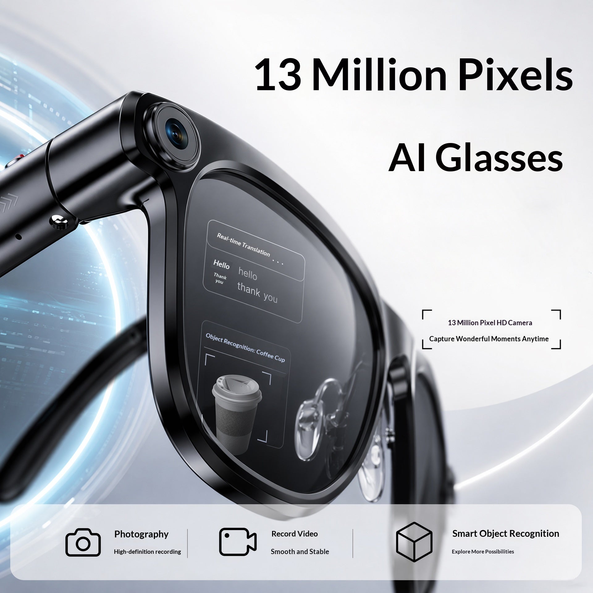 Gafas Inteligentes IA con Cámara HD de 13 MP y Estabilizador