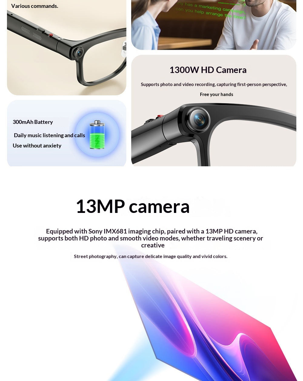 Gafas Inteligentes IA con Cámara HD de 13 MP y Estabilizador